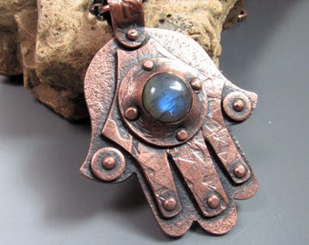 Solid Copper Hamsa Necklace Pendant With Labradorite, One Of A Kind Jewelry