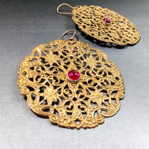 Large Ruby Earrings, Boho  Filigree Brass Dangles, Big, Exotic And Colorful, Costume Jewelry