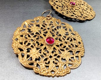 Large Ruby Earrings, Boho  Filigree Brass Dangles, Big, Exotic And Colorful, Costume Jewelry