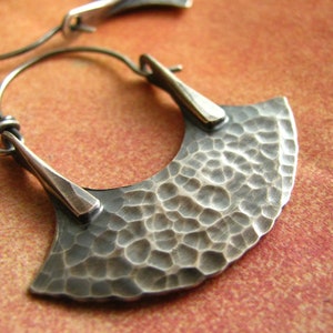 Sterling Silver Hammered Blade Hoop Earrings, Urban Tribal Rustic Metalsmith Jewelry With Attitude image 2