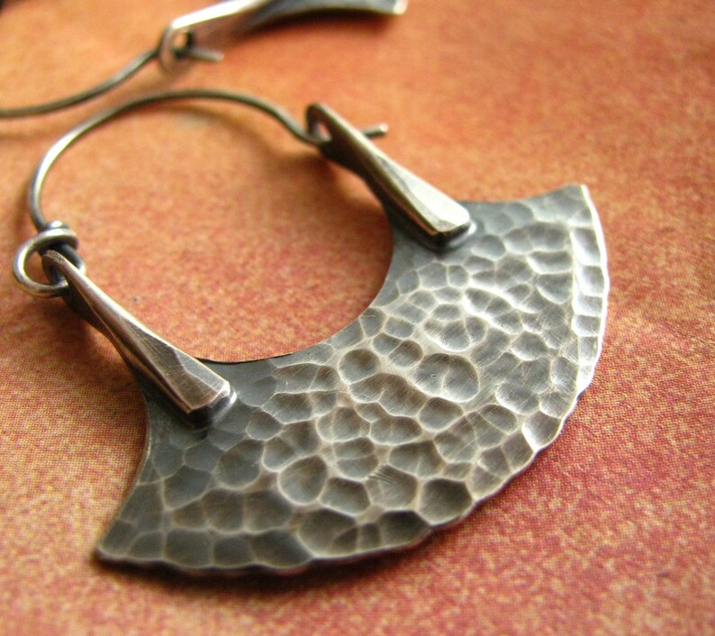 Sterling Silver Hammered Blade Hoop Earrings, Urban Tribal Rustic Metalsmith Jewelry With Attitude image 2