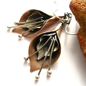 Mixed Metal Calla Lily Earrings, Unique Floral Earrings For Women,  Artisan Metalsmith Jewelry