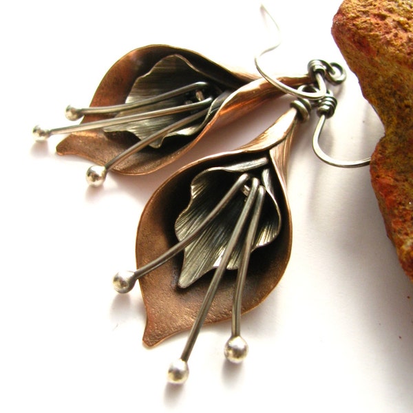 Mixed Metal Calla Lily Earrings, Unique Floral Earrings For Women,  Artisan Metalsmith Jewelry