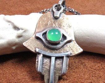 Silver And Bronze Hamsa Necklace With Chrysoprase, Mixed Metal Hand Pendant