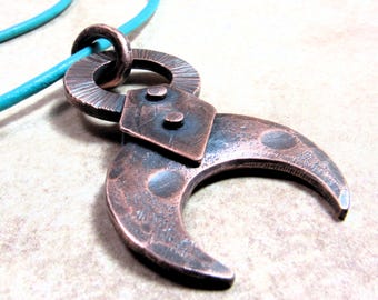 Solid Copper Moon Pendant Necklace, Talisman, Rustic Celestial Jewelry