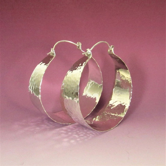 Extra Large Sterling Silver Hoop Earrings, Hammered Argentium