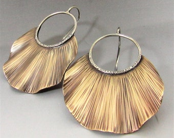 Ruffled Large Silver And Bronze Earrings, Two Tone, Mixed Metal, Handcrafted Contemporary Metalsmith Jewelry