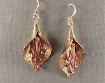 Unique Mixed Metal Lily Earrings, Copper, Bronze And Gold Fill Flower Earrings