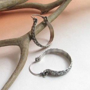 Summer Rose Sterling Silver Hoop Earrings, Contemporary Metalwork Romantic Floral Pattern Earrings image 4