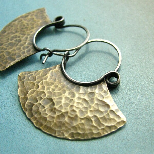 Brass Hoop Earrings - Mixed Metal Blade Hoops Sterling Silver And Brass Rustic Earrings Medium