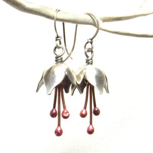 Winter Bell Flower Earrings, Argentium Silver And Reddened Copper Floral Dangles