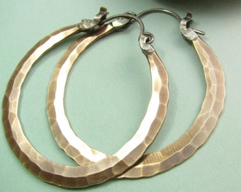 Large Bronze Hammered Hoop Earrings, Sterling Silver Ear Wires, Mixed Metal Jewelry