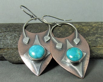 Mixed Metal Turquoise Earrings, Rustic, Bold And Colorful Sterling Silver And Copper Two Tone Earrings