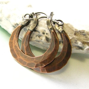 Small Rustic Hammered Copper Earrings, Forged Mixed Metal Hoops, Handcrafted Artisan Jewelry