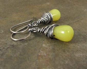 Wire Wrapped Sterling Silver And Citrusy Serpentine Drop Earrings, Lovely yellow Green Chartreuse Color