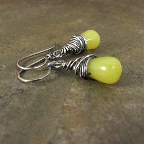 Wire Wrapped Sterling Silver And Citrusy Serpentine Drop Earrings, Lovely yellow Green Chartreuse Color