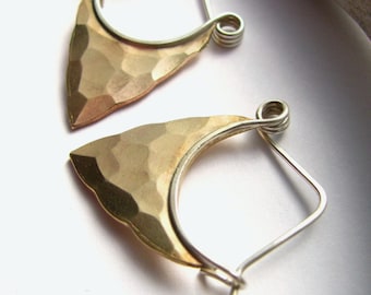 Small Silver And Bronze Hoops, Bronze And Sterling Silver Pixie Earrings, Blade Hoop Earrings, Mixed Metal Earrings, Arrowhead Earrings