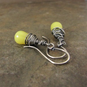 Wire Wrapped Sterling Silver And Citrusy Serpentine Drop Earrings, Lovely yellow Green Chartreuse Color image 2