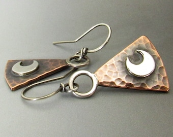 Moon Earrings, Sterling Silver And Copper Earrings, Trapezoid  Geometric Mixed Metal  Lunar Jewelry By Mocahete