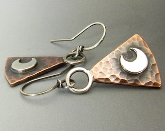 Moon Earrings, Sterling Silver And Copper Earrings, Geometric Mixed Metal  Lunar Jewelry By Mocahete