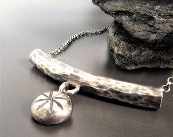 Rustic Hammered Sterling Silver Tube Necklace With Large Silver Nugget, Ethnic Style