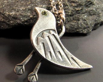 Peridot And Argentium Sterling Silver Bird Pendant Necklace