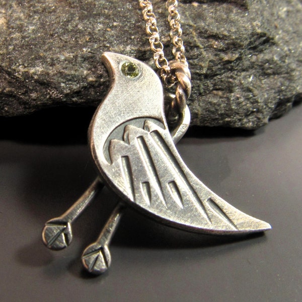 Peridot And Argentium Sterling Silver Bird Pendant Necklace