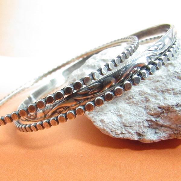 Set Of Three Sterling Silver Bangles, Bead Wire And Floral Pattern Bangle Bracelets, Size Medium 2.5/8"