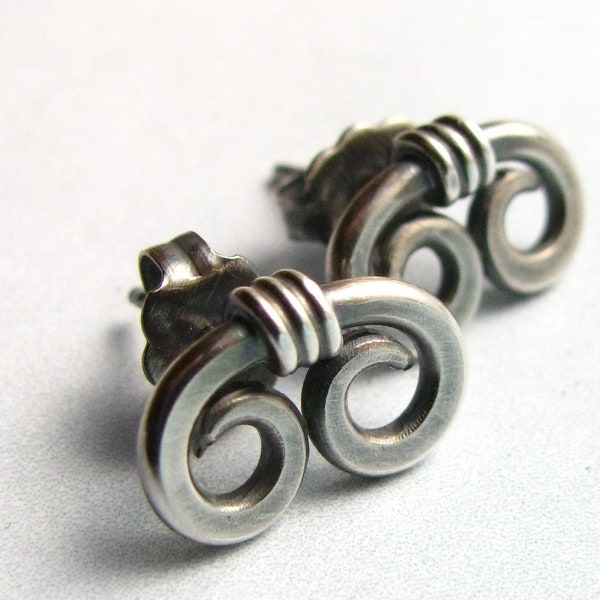 Egyptian Double Spiral Stud Earrings, Small Modern Simple Sterling Silver Post Back Earrings, Contemporary Jewelry