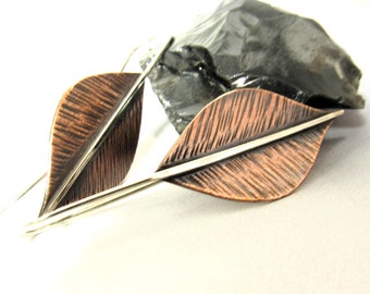 Mixed Metal Leaf Earrings, Copper And Sterling Silver Botanical Jewelry