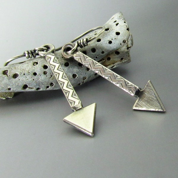 Sterling Silver Arrow Earrings, Geometric Zig Zag Pattern
