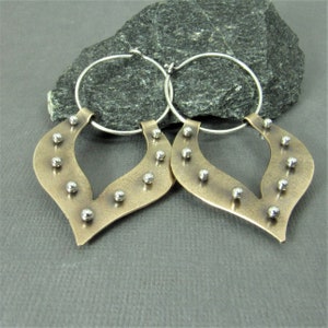 Pinned Lotus Large Tribal Earrings,  Sterling Silver And Bronze Two Tone Mixed Metal Earrings, Metalsmith Jewelry