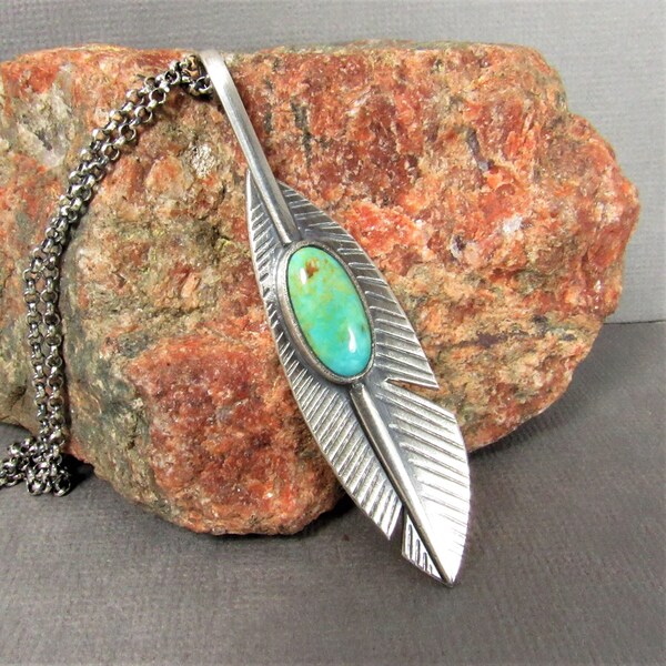 Feather Turquoise Pendant Necklace In Argentium Sterling Silver, Unisex Southwest Silver Jewelry
