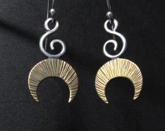 Upside Down Crescent Moon Earrings, Bronze And Argentium Sterling Silver Jewelry