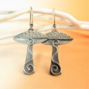 Whimsical Mushroom Earrings, Argentium Sterling Silver Fungi Jewelry