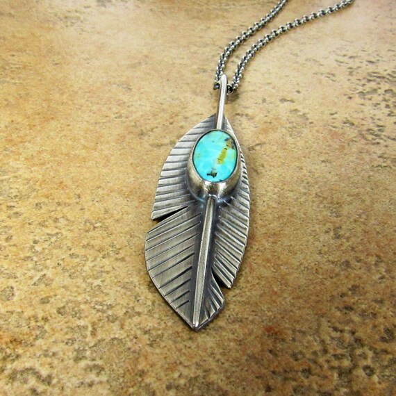 Sterling Silver Feather Necklace Turquoise Pendant - Turquoise Pendant Necklace In Sterling Silver Sterling Silver Feather Necklace Turquoise Pendant - Turquoise Pendant Necklace In Sterling Silver