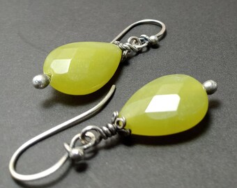 Lemony Olive Green Faceted Serpentine Tear Drop Dangle Earrings, Argentium Sterling Silver Ear Wires