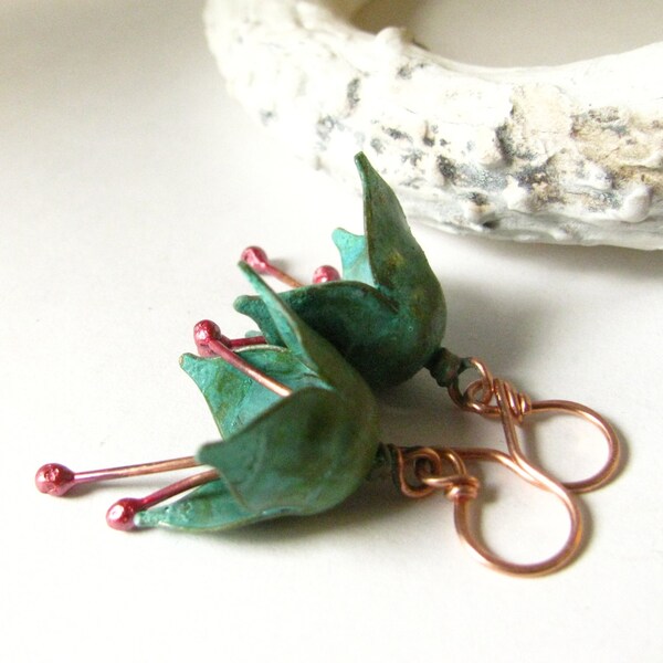 Verdigris Earrings, Green Patina Earrings, Brass And Copper Flower Earrings,  Mixed Metal Earrings, Artisan Jewelry, Wabi Sabi Flower