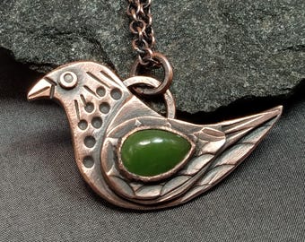 Copper And Jade Bird Necklace, Rivet Metalwork Jewelry