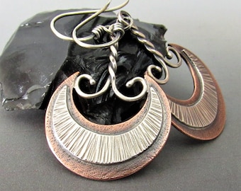 Mixed Metal, Silver And Copper Akkadian Moon Earrings