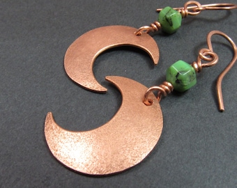 Pure Copper And Chrysoprase Earrings, Crescent Moon Dangles With Green Stone Beads, Boho Jewelry