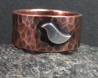 Wide Hammered Copper Ring With Silver Bird, Mixed Metal Jewelry