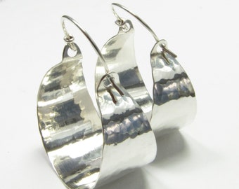 Large Argentium Sterling Silver Hoop Earrings, Big Hammered Hoops, Basket Earrings, Metalsmith Bohemian Jewelry