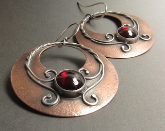 Boho Garnet Earrings, Large Mixed Metal Gypsy Hoops In Copper And Sterling Silver