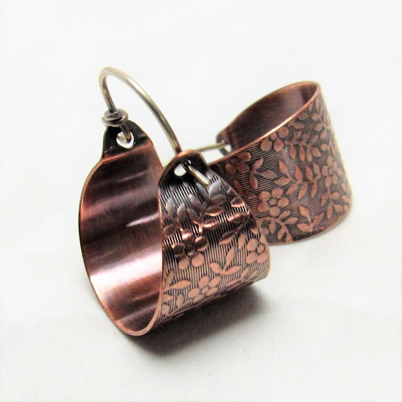 Floral Copper Hoop Earrings, Sterling Silver Earwires, Handcrafted Jewelry
