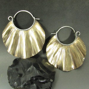 Large Ruffled Brass Earrings With sterling Silver Ear Wires, Nu Gold, Bohemian Style