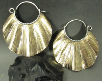 Large Ruffled Brass Earrings With sterling Silver Ear Wires, Nu Gold, Bohemian Style