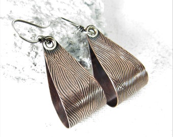 Textured, Riveted Copper Earrings With Sterling Silver, Mixed Metal Stirrup Loops