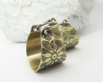 Small Floral Brass Hoops, Flower Pattern Basket Hoop Earrings With Sterling Silver Ear Wires