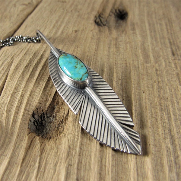 Sterling Silver Feather Necklace, Turquoise Pendant, Southwestern Handcrafted Artisan Jewelry